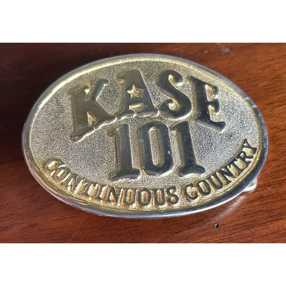 Vtg 70s KASE 101 Brass Belt Buckle Country Western Radio Station Austin TX Gold